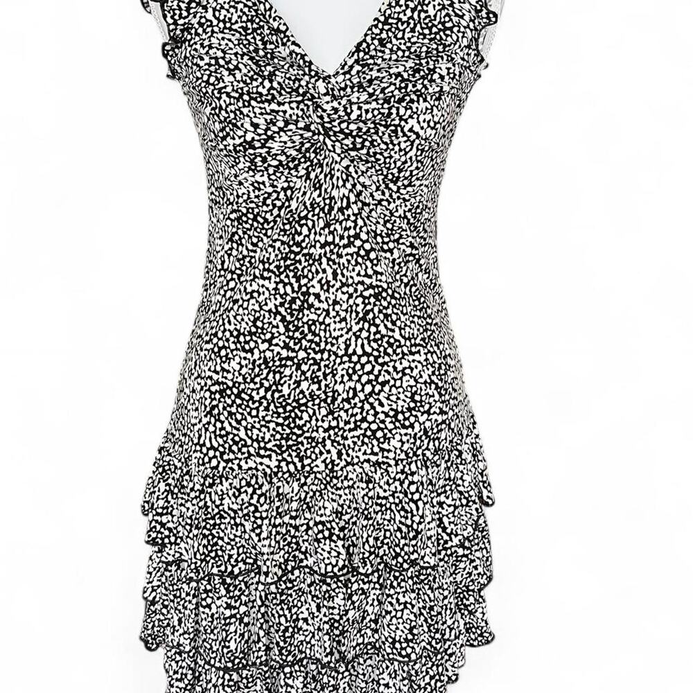 Morgan de Toi Y2K Black White Ruffle Mini Dres XS Ruched V Neck Tiered Skirt